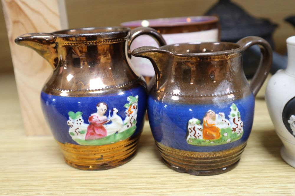 A group of 19th century Wedgwood etc. basalt wares, copper lustre and other British pottery
